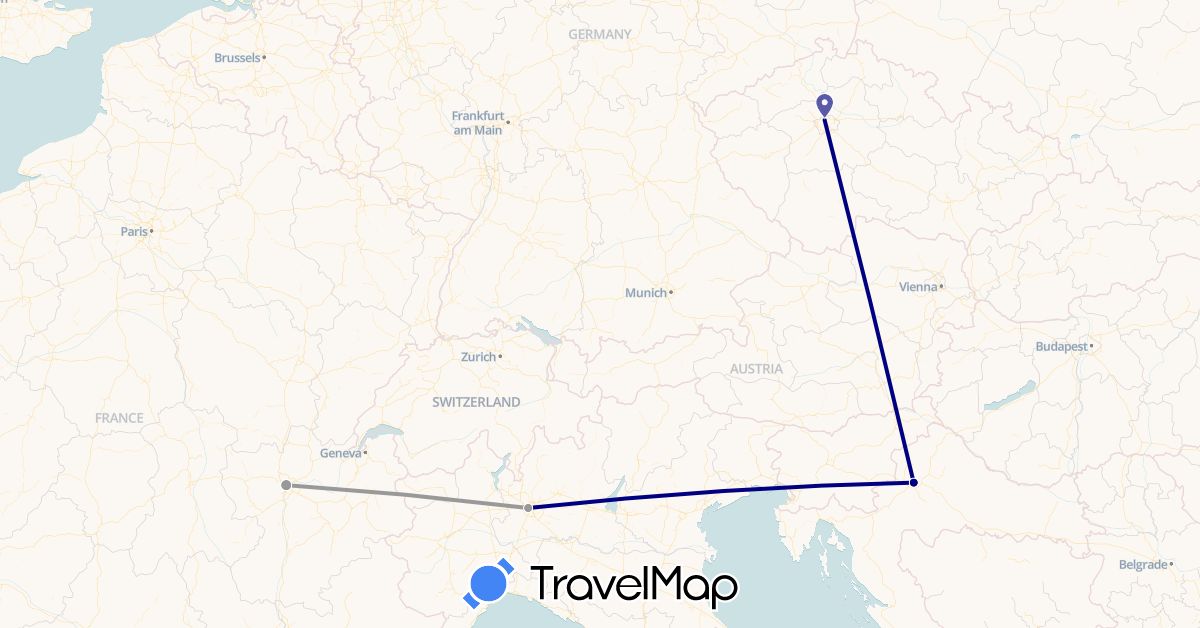 TravelMap itinerary: driving, plane in Czech Republic, France, Croatia, Italy (Europe)